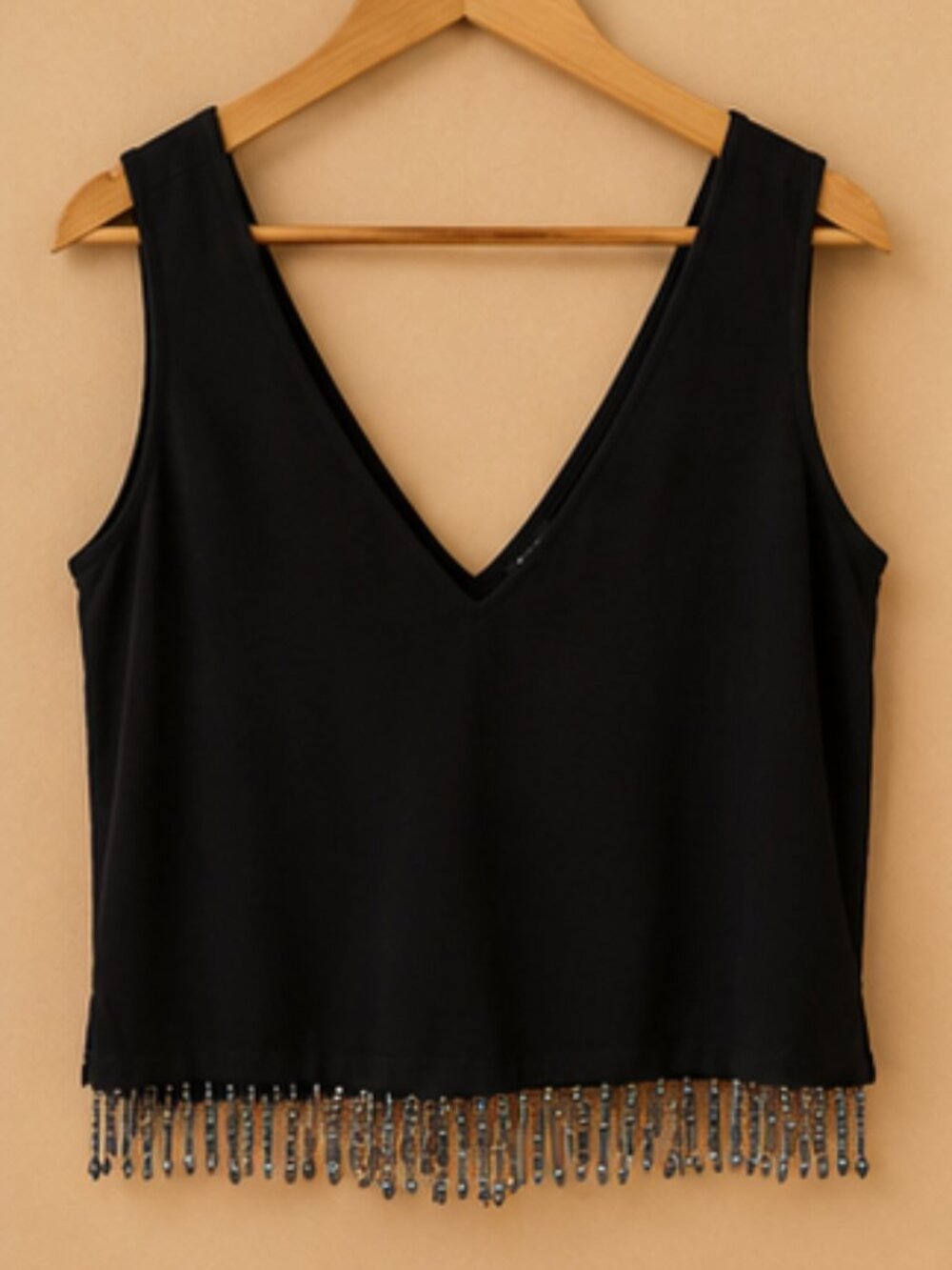 NWT WE Black Beaded Fringe Tank Top Size Medium V-Neck Sleeveless Party Top